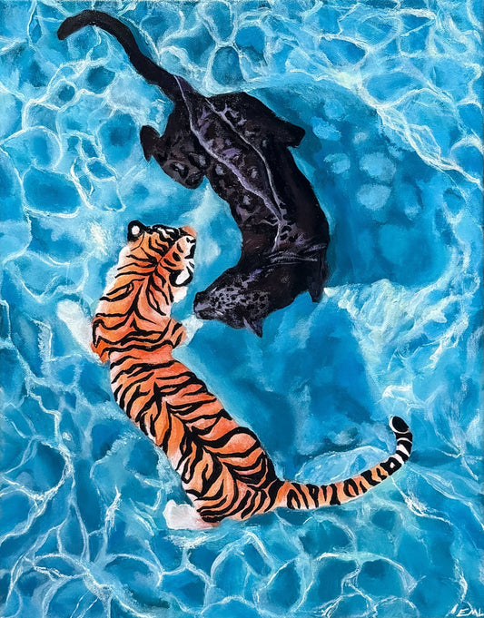 A painting of a tiger and a panther swimming in bright blue water with rippling light reflections.